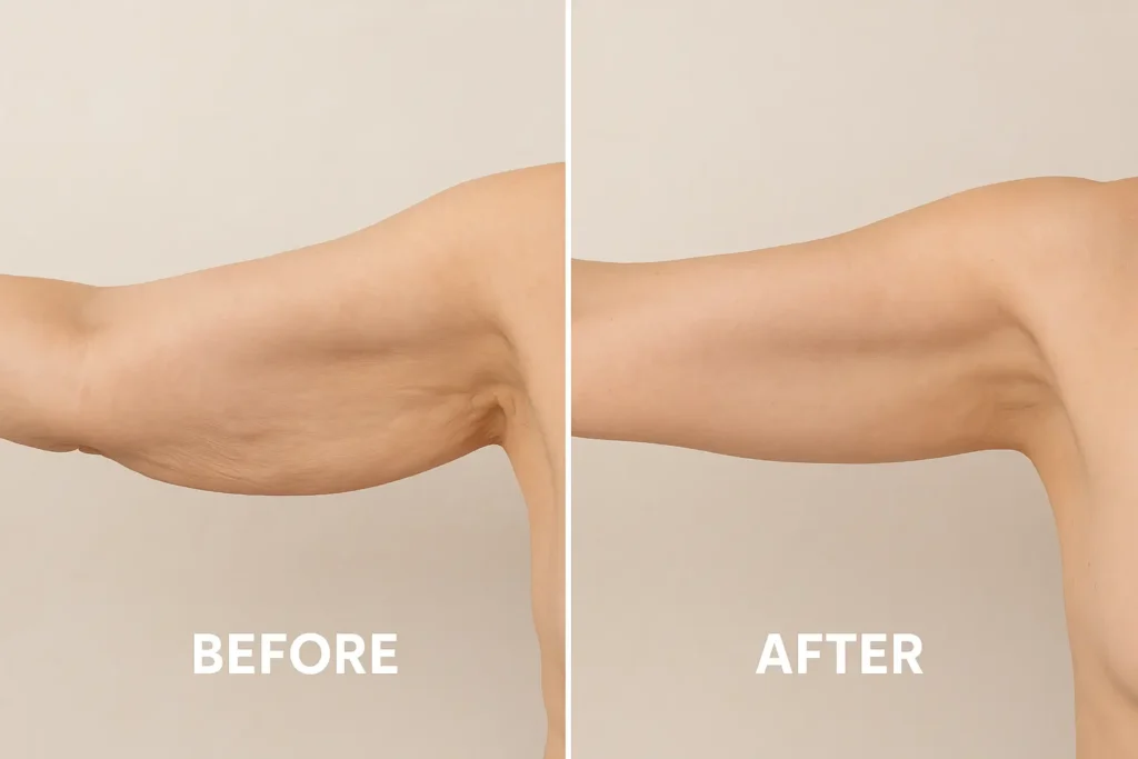 Picture of LA LIPO Acocks Green before and after results of skin tightening treatment on the upper arms.