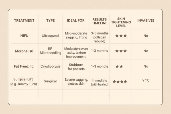 Table showing the comparisons of Skin tightening Acocks Green treatment options.